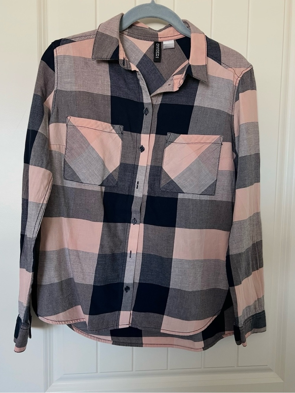 H&M Pink and Navy Plaid Button-Down Shirt